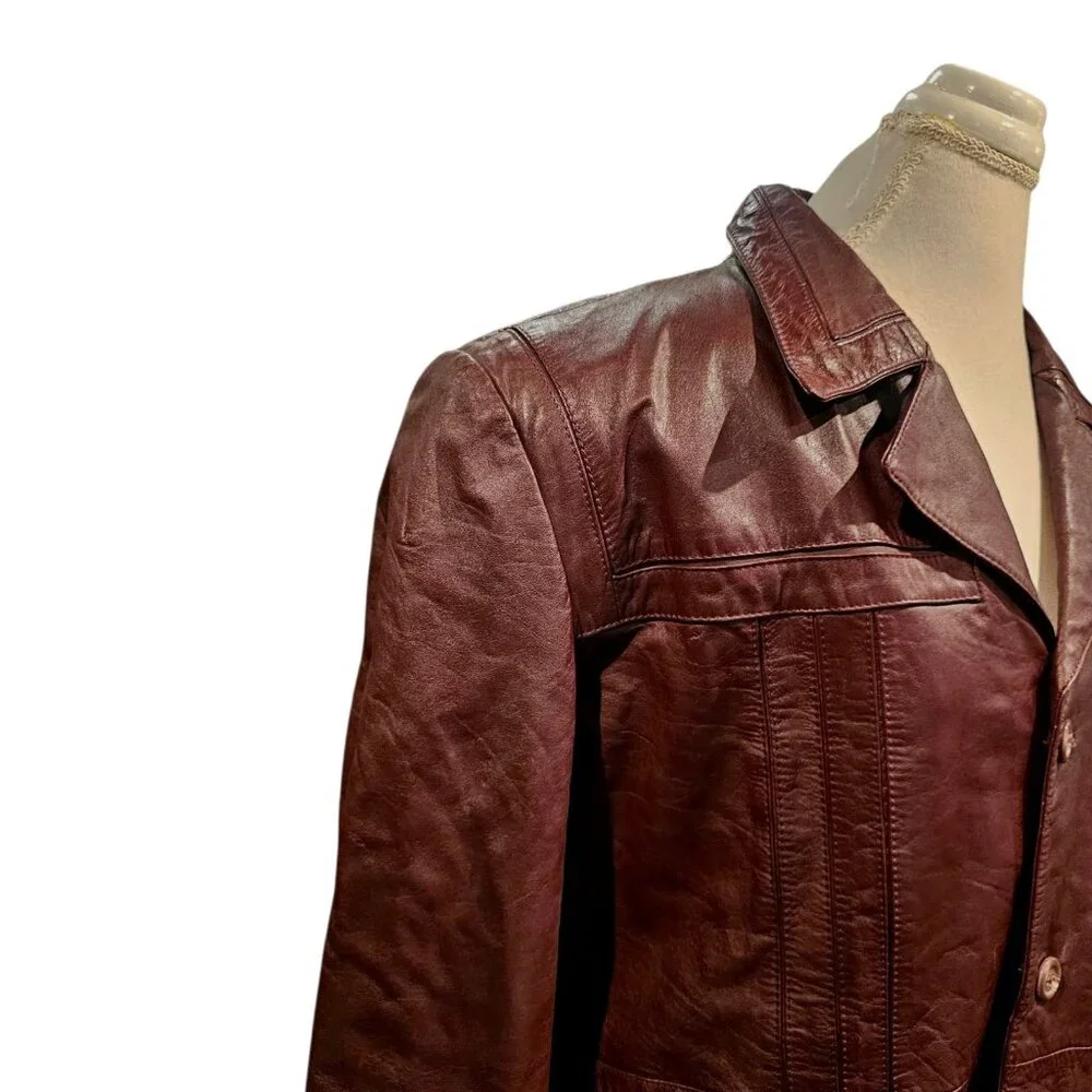 70s Dark Cherry Red Brown Leather‎ Coat Removable Sherpa Liner Sz 50 XL Disco